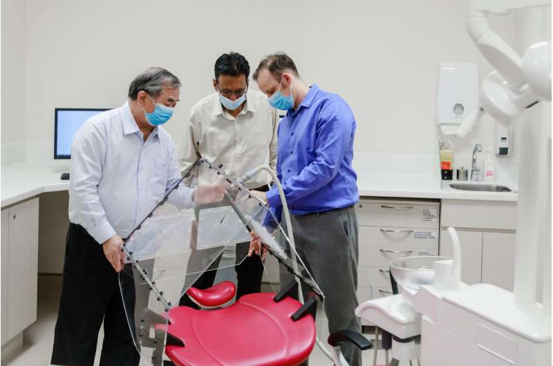 The Dental Droplet and Aerosol Reducing Tent (Dental DART) was developed by NUS researchers (from left) Professor Freddy Boey, Mr Sudarshan Anantharaman, Associate Professor Vinicius Rosa and their team. Credit: National University of Singapore