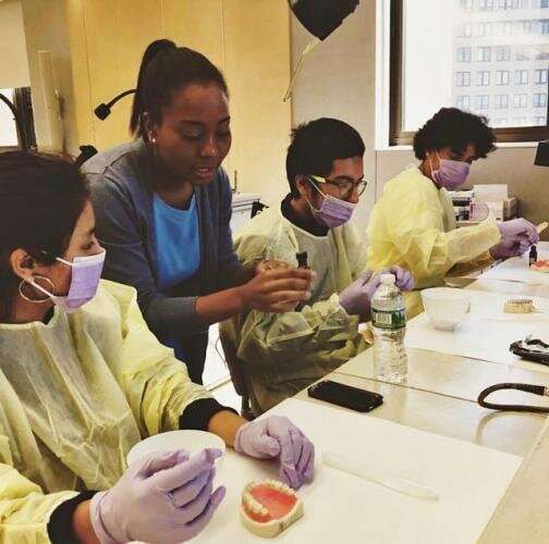 In the hands-on labs, students learn how to take impressions of teeth, use stone models made with impressions to create mouthguards and wax-ups, and remove plaque and fill cavities on plastic models of teeth. Credit: NYU College of Dentistry