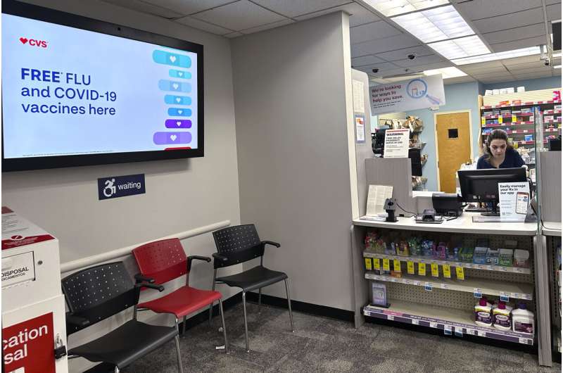 A sign for flu vaccination is displayed on a screen at a pharmacy store in Buffalo Grove, Ill., Tuesday, Feb. 13, 2024. Early estimates suggest flu shots are performing OK in the current U.S. winter flu season. The vaccines were around 40% effective in preventing adults from getting sick enough from the flu that they had to go to a doctor’s office, clinic or hospital, health officials said during a Centers for Disease Control and Prevention vaccines meeting Wednesday, Feb. 28, 2024. Credit: AP Photo/Nam Y. Huh, File