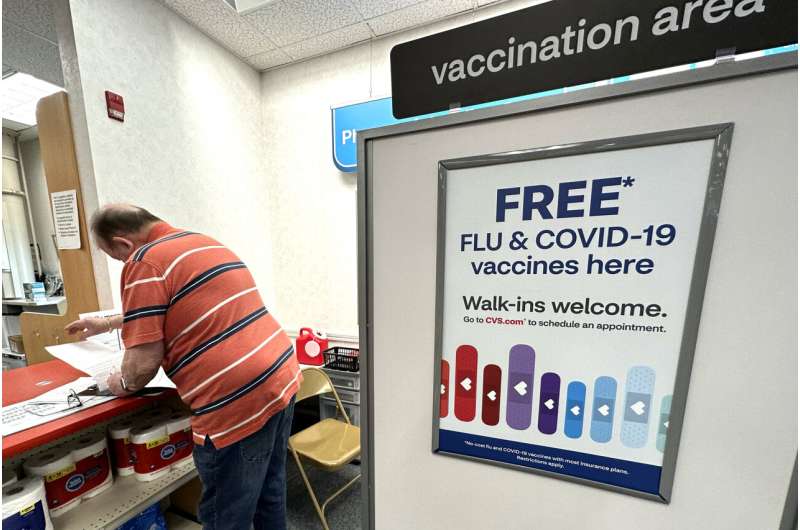 A sign for flu and covid vaccinations is displayed at a pharmacy store in Palatine, Ill., Wednesday, Sept. 13, 2023. The flu is hanging on in the U.S., intensifying in some areas of the country after weeks of apparent decline., according to data released by the U.S. Centers for Disease Control and Prevention on Friday, Feb. 9, 2024. Credit: AP Photo/Nam Y. Huh, File