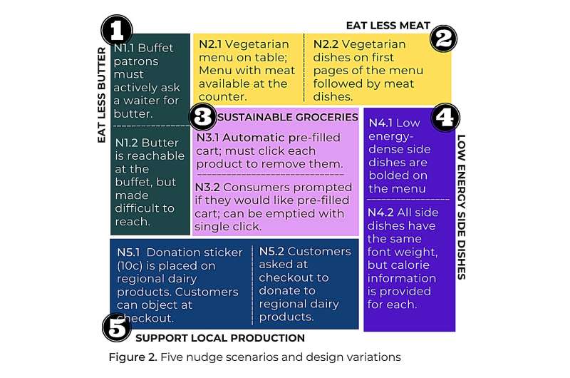 Researchers conducted an online survey to analyze support for five different nudge scenarios. Then, one aspect of the design was changed, allowing the researchers to pinpoint how these design variations affected public support. Credit: Simone Wahnschafft