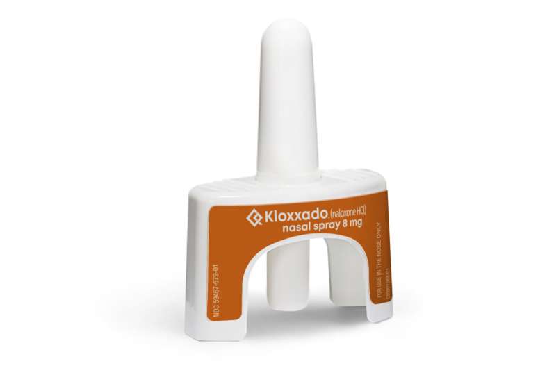 This image provided by Hikma Pharmaceuticals shows the company's nasal spray drug Kloxxado, containing 8 milligrams of naloxone. A study published Thursday, Feb. 8, 2024 finds that a new, higher-dose nasal spray for reversing opioid overdoses didn't save more lives than the standard dose. However, it was tied to more vomiting and other side effects. The paper was published by the Centers for Disease Control and Prevention, but the federal health agency was not involved in the research. Credit: Hikma Pharmaceuticals via AP, File