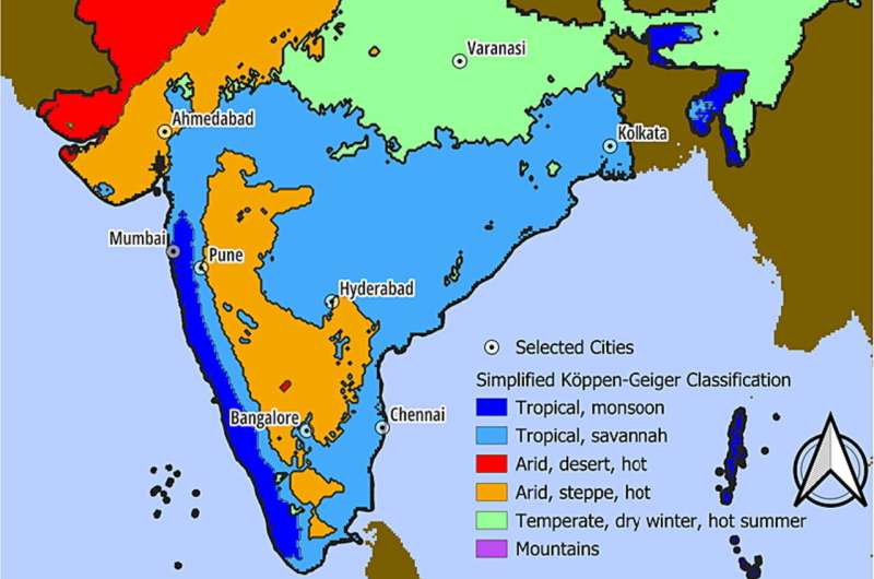 Study cities in India according to a simplified Köppen-Geiger climate zone classification. Footnote: this is a derivative map from the Köppen Geiger classification(Beck et al., 2018). We removed some of the categories which were in small quantity and were not possible to significantly differentiate enough (e.g. Temperate, dry winter, warm summer was subsumed into Temperate, dry winter, hot summer). Credit: Environment International (2024). DOI: 10.1016/j.envint.2024.108461