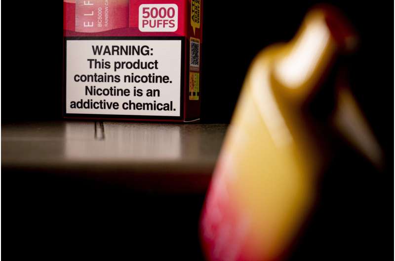 A health warning is seen on the packaging of a disposable vaping pod device in Washington on Monday, June 26, 2023. Sixty years ago, the U.S. surgeon general released a report that settled a longstanding public debate about the dangers of cigarettes and led to huge changes in smoking in America. Some public health experts say a similar report could help clear the air about vaping.Credit: AP Photo/Andrew Harnik, File