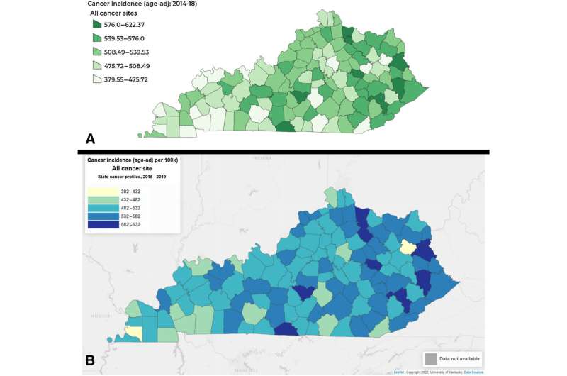 Examples of output from Cancer InFocus applications. A, Output generated by ArcGIS JavaScript application. B, Output generated by R Shiny application. Credit: Cancer Epidemiology, Biomarkers & Prevention (2023). DOI: 10.1158/1055-9965.EPI-22-1319