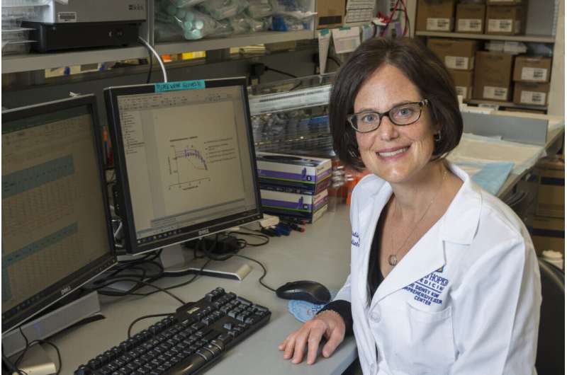 Christine Pratilas, M.D., in the lab. Credit: Frederick W. Dubs, Johns Hopkins Pathology Photography & Graphics
