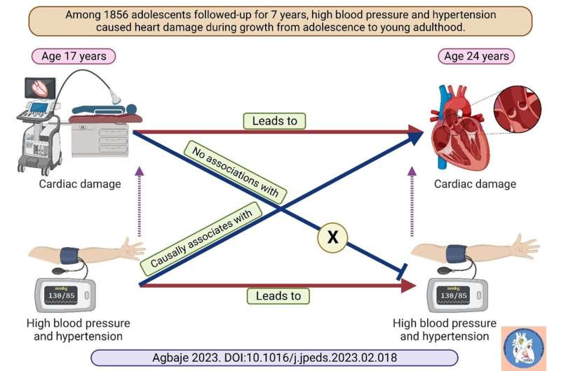 Blood pressure greater than 130/85 mmHg can cause heart damage in adolescents 